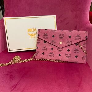MCM Pink Logo Clutch with Gold Chain and box